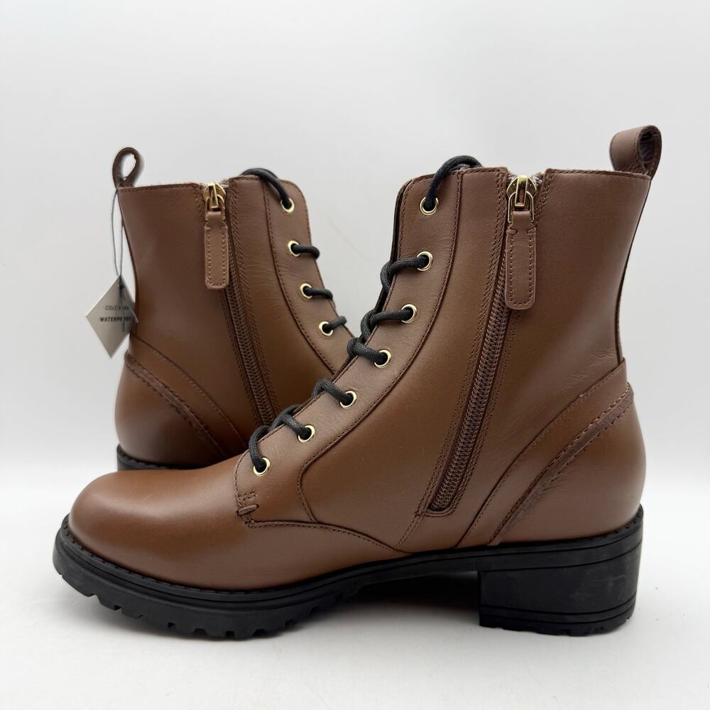 Cole Haan Womens Camea Combat Boots US 7 Brown Leather Zip Side Waterproof NWOB - Picture 7 of 12